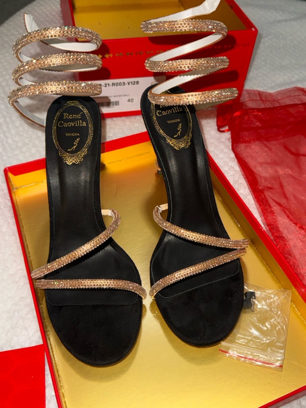 Rene Caovilla Rose Gold Crystal Spiral Ankle-Strap Heels with Black Footbed